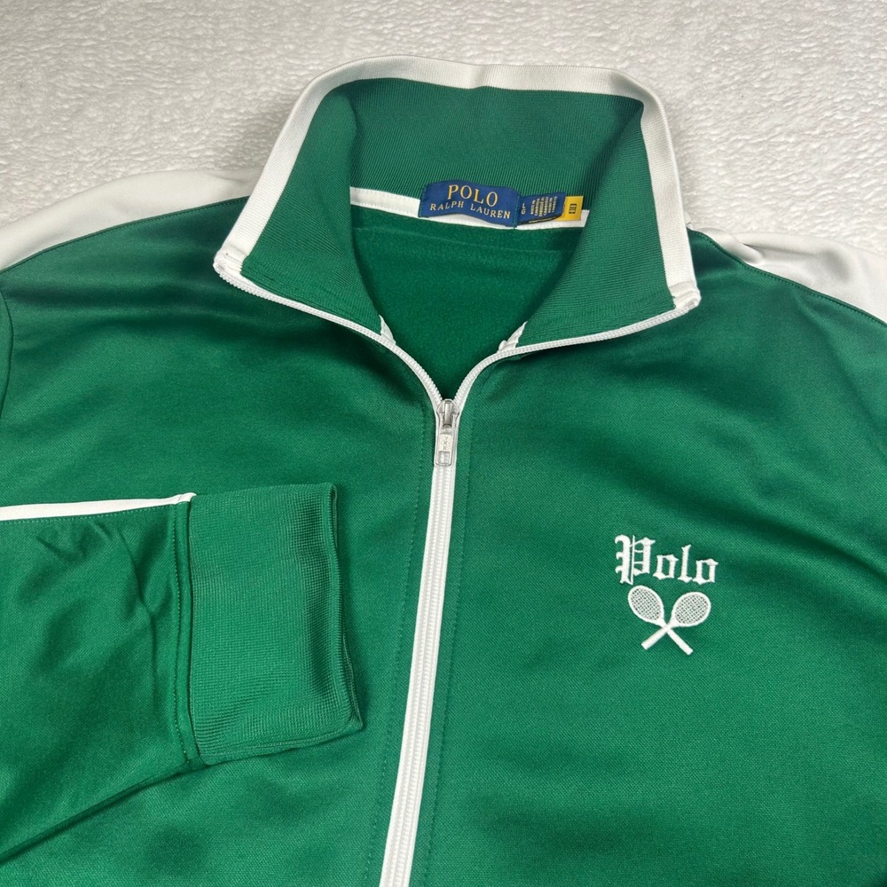 Polo Ralph Lauren Tennis Track Jacket Full Zip Mens Large Green White Striped